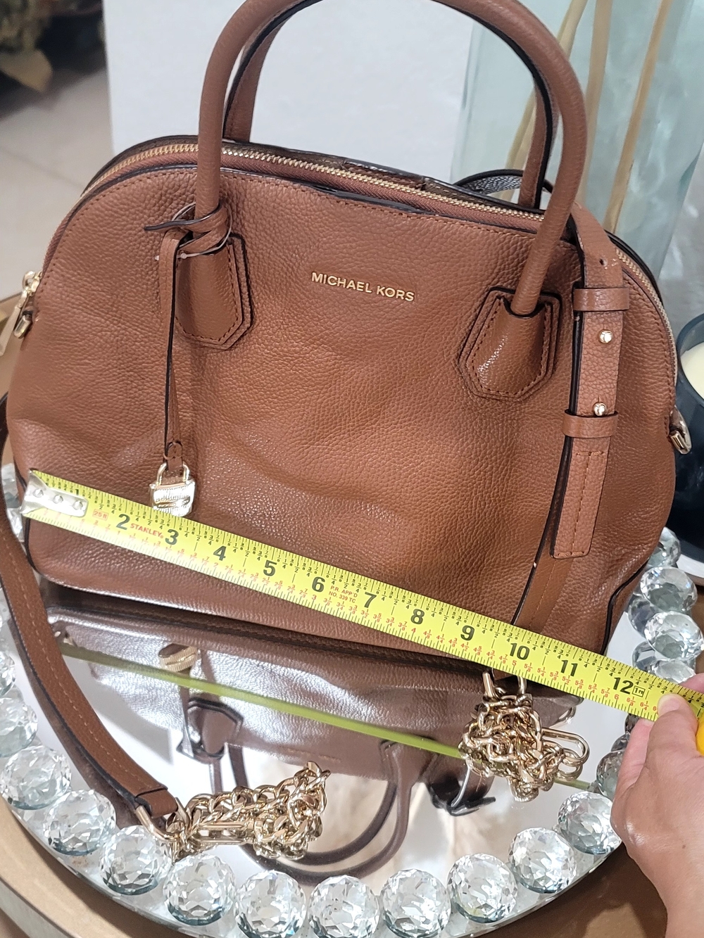 Michael Kors Tan Pebbled Leather Dome Satchel with Gold Hardware